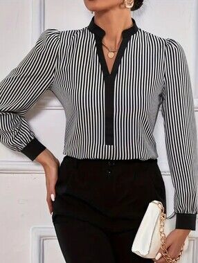 Express Black & White Vertical Stripe V-Neck Blouse